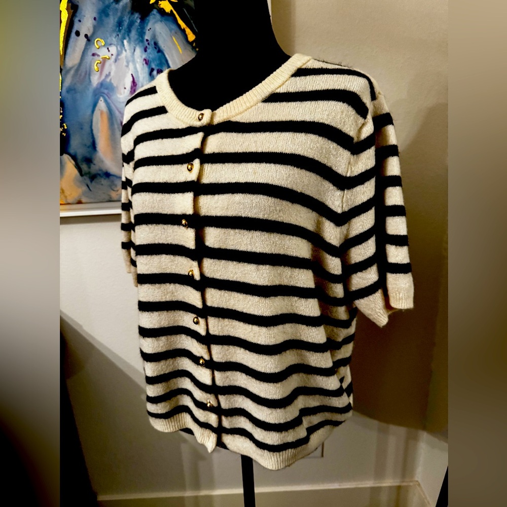 H&M Cream Short Sleeve Cardigan Navy Stripes Gold Buttons XL